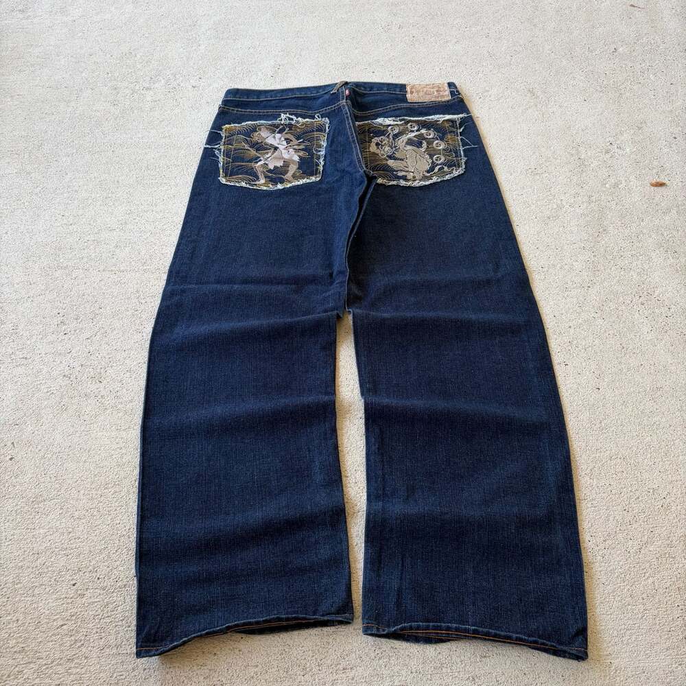 Red Monkey Company Jeans Samurai Embroidered Pocket Dark Wash Denim Sz 38